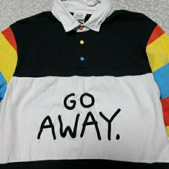 Salem7 Go Away Black, White & Multicolor Long Sleeve Polo Shirt MEDIUM Unisex - Picture 4 of 7